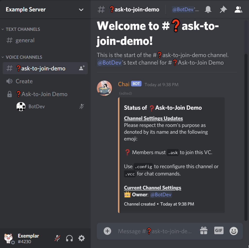 Demo GIF of requesting entry to a custom voice channel that's in ❓ (ask to join) mode.